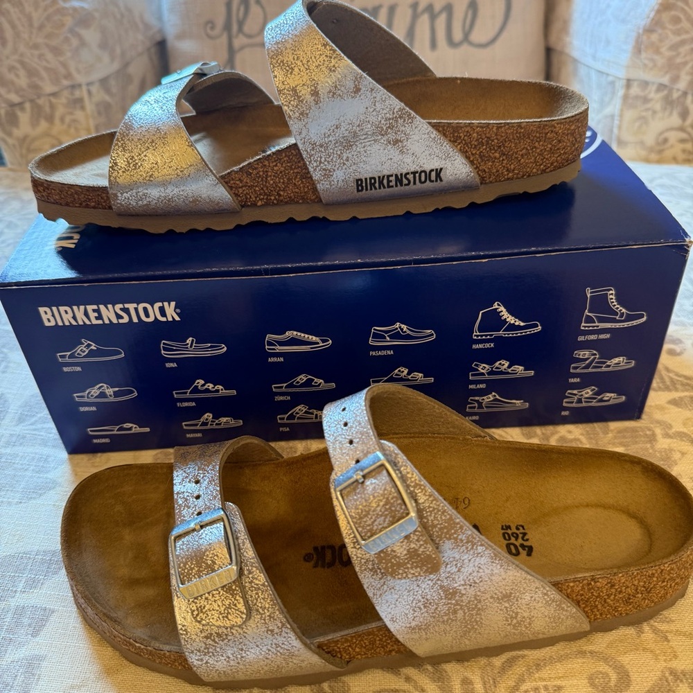 Birkenstock Sydney Washed Metallic Silver Size 9